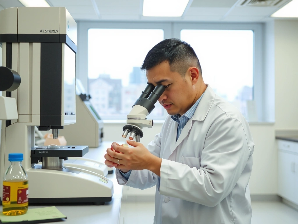A pristine, well-lit laboratory setting with advanced testing equipment and a scientist in a white coat meticulously examining a natural product sample.