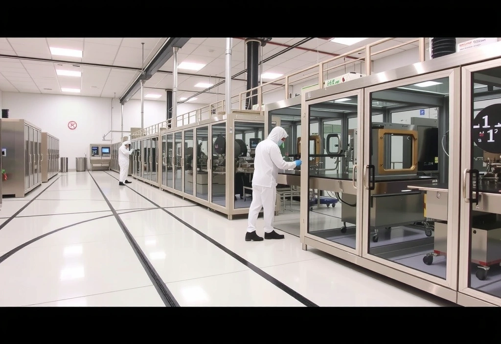Modern, clean manufacturing facility with advanced machinery and workers in protective gear, emphasizing high standards.