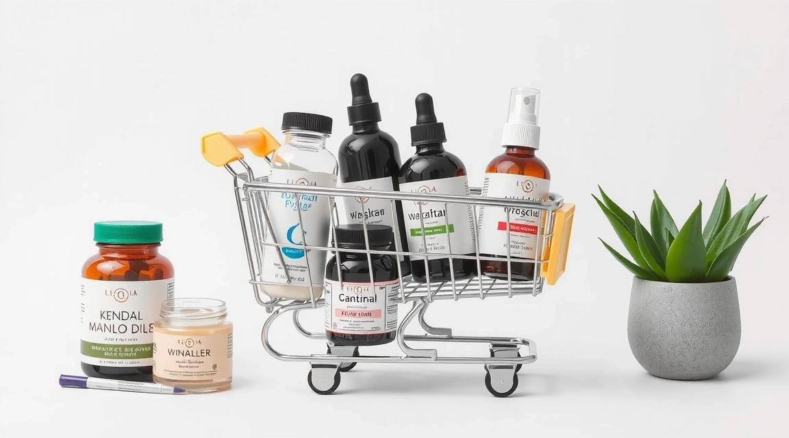 A minimalist shopping cart filled with various health and beauty products, including supplements, skincare bottles, and wellness items, set against a clean, bright background.