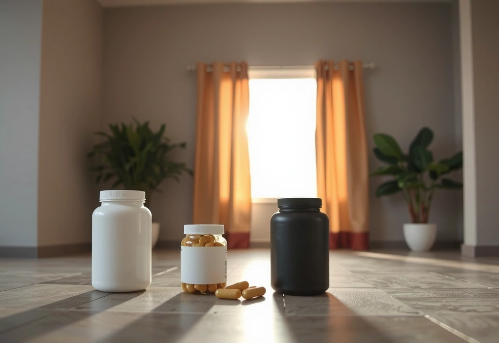 Elegant display of natural male supplement bottles in a modern, healthy setting